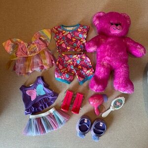 Build-A-Bear Lot- Fuchsia Teddy with 3 Outfits, shoes, skates and brush.